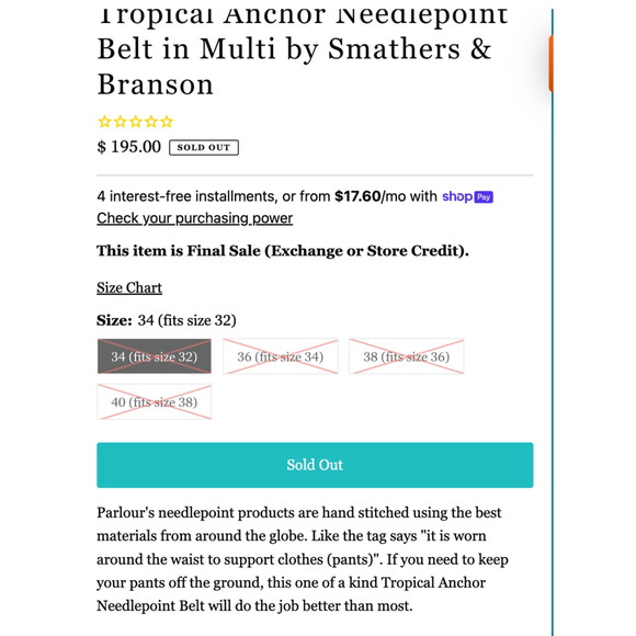 Parlour Needlepoint Belt Mens 36 34 Anchor Stripe Solid Brass Made USA Nautical - Picture 14 of 16